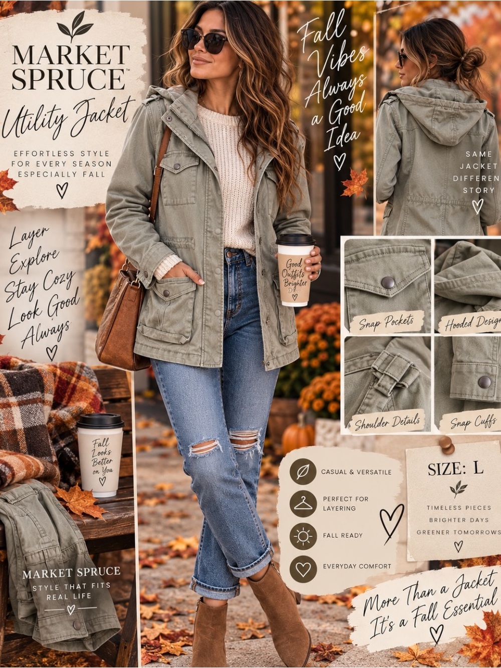 Market & Spruce Olive Green Hooded Utility Jacket